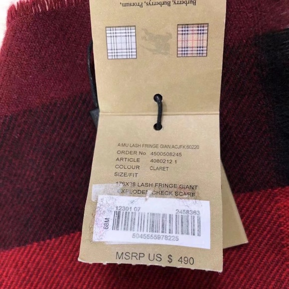NWT $490 Burberry Wool Cashmere Check Plaid Scarf Red - Picture 2 of 3